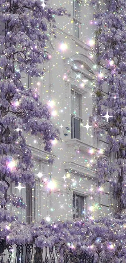 Sparkling lavender façade with wisteria and shimmering lights.