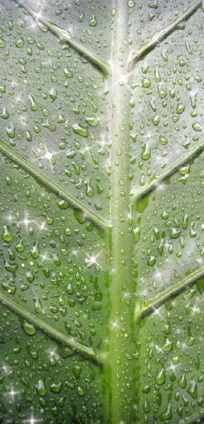 Close-up of a green leaf with sparkling water droplets.