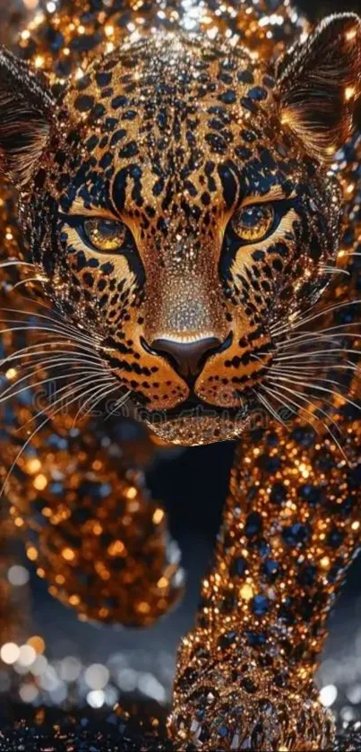 Sparkling leopard with golden and black colors in an artistic design.
