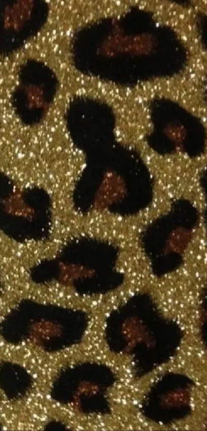 Glittery leopard print wallpaper with gold and black spots.