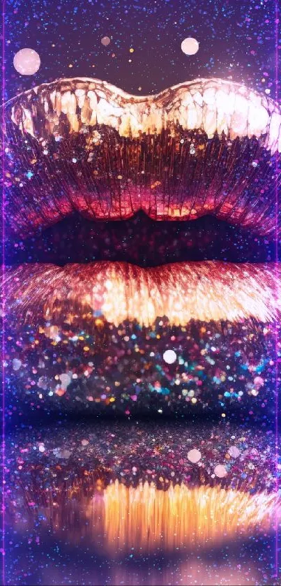 Glittering lips in a dazzling mobile wallpaper with gold and sparkle accents.