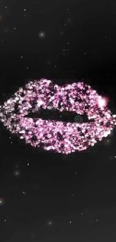 Mobile wallpaper with sparkling pink lips on black background.