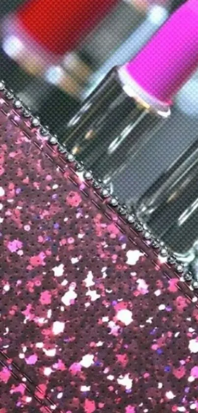 Sparkling pink lipstick and glitter wallpaper.