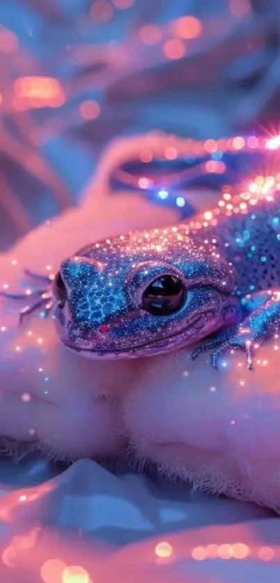 A sparkling lizard on a neon pink backdrop, glowing with mystical charm.