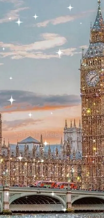 Sparkling Big Ben and London skyline at sunset with shimmering waters.