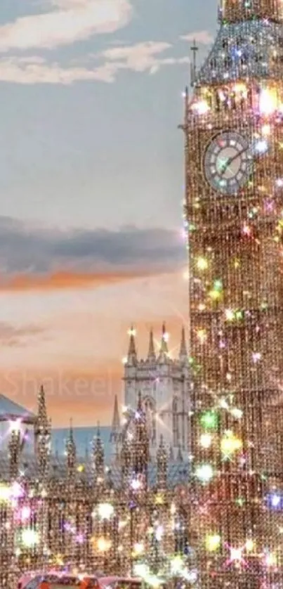 Sparkling Big Ben in London at twilight with shimmering lights.