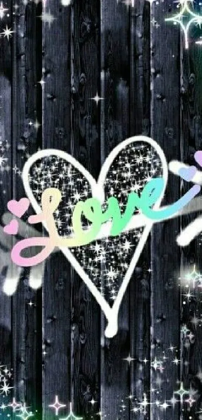 Sparkling heart design with love text on starry background.