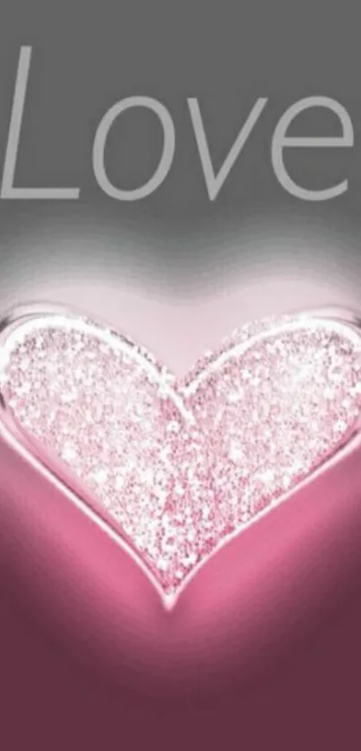 Sparkling pink heart on a gradient background with the word 'Love'.