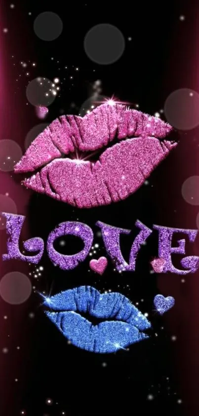 Glittery pink and blue lips with 'Love' on a black background.