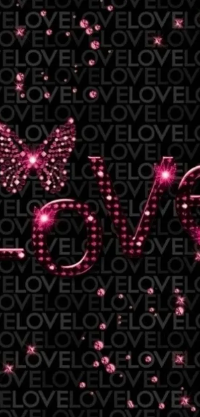 Sparkling pink 'Love' text with butterfly on black background.