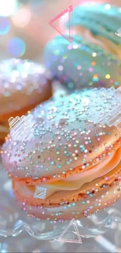 Close-up of sparkling macarons with colorful bokeh effect.