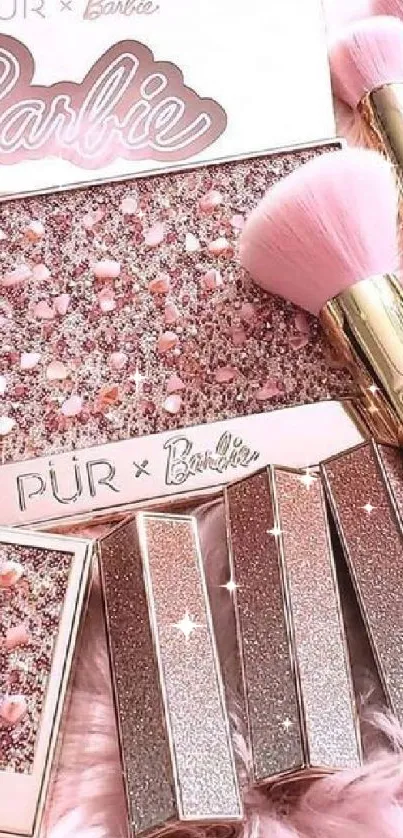 Luxurious makeup set with pink brushes and shimmering palettes.