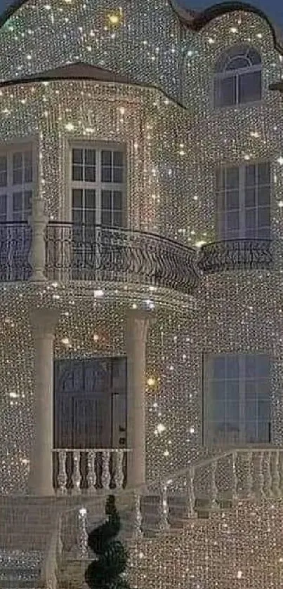 Sparkling mansion at night with dazzling lights.