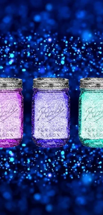 Sparkling Mason jars with blue bokeh background.