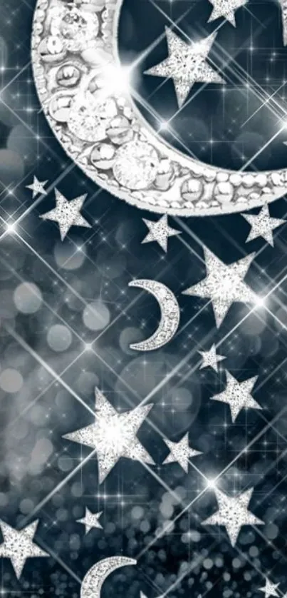 Sparkling moon and stars mobile wallpaper with a celestial theme.