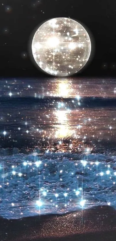 Moonlit ocean with sparkling reflection and night sky.