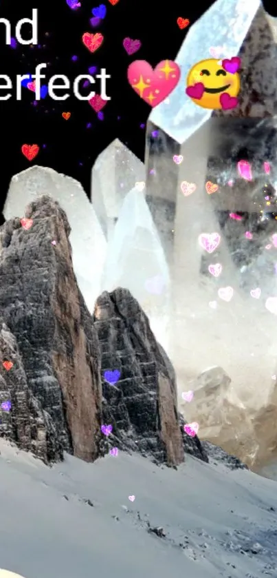Sparkling crystal mountains with hearts and love emojis.