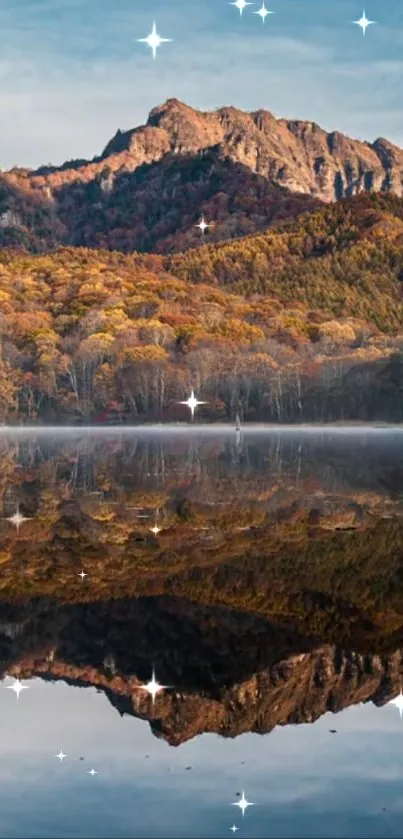 Mountain landscape with sparkling reflections on a calm lake in autumn.