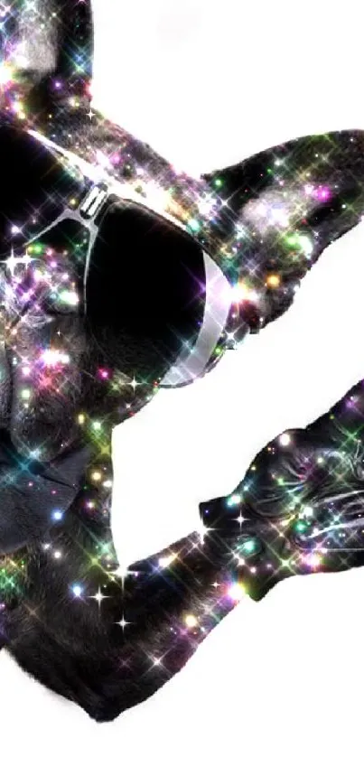 Cat in sunglasses and tuxedo with a neon sparkle effect.