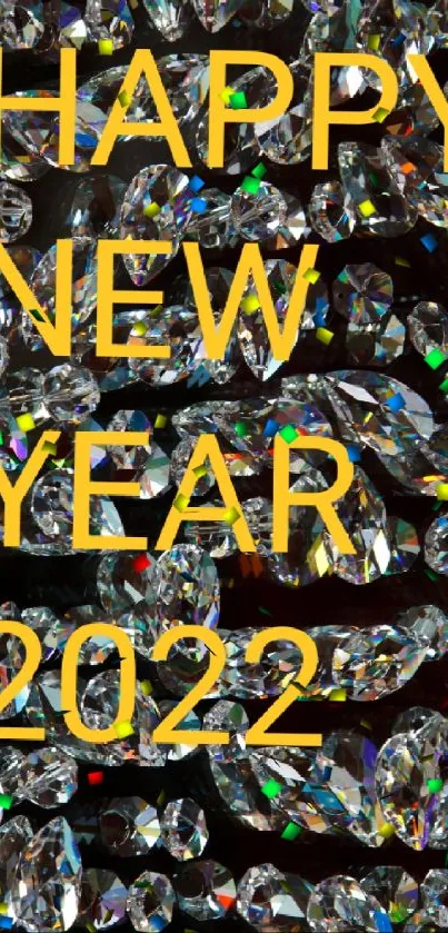 New Year 2022 wallpaper with crystal sparkles and yellow text.