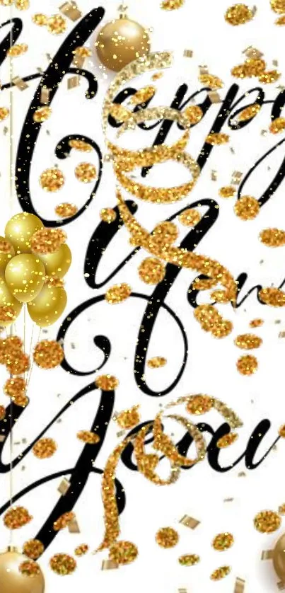 Happy New Year wallpaper with gold confetti and balloons.