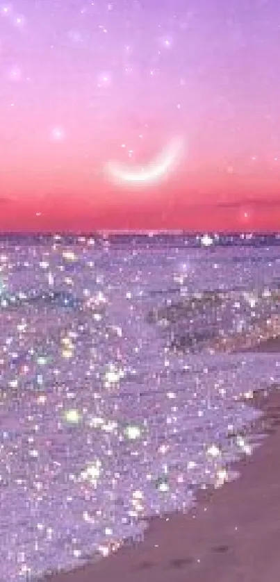 Sparkling sea under a purple sky with stars and crescent moon.