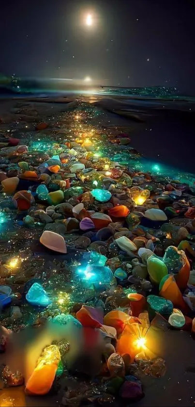 Colorful glowing stones on a nighttime beach under moonlight.