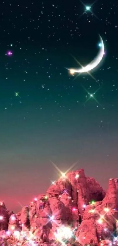 Fantasy night sky with a crescent moon and sparkling stars over pink mountains.