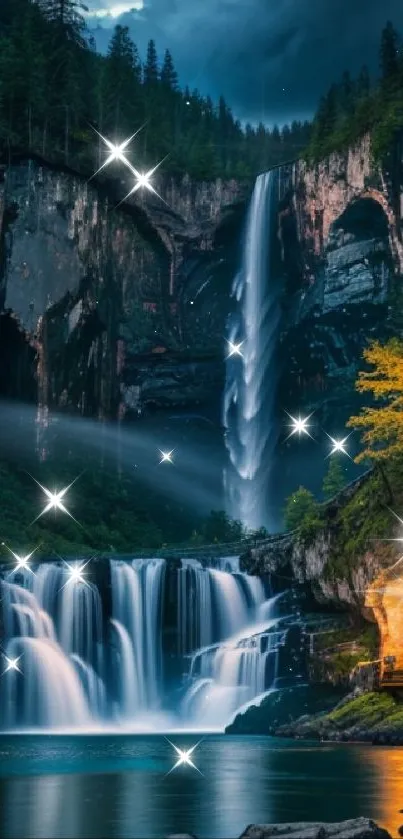 A sparkling waterfall at night with stars and forest.