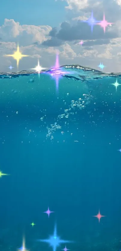 Sparkling ocean with shining stars under a beautiful blue sky.