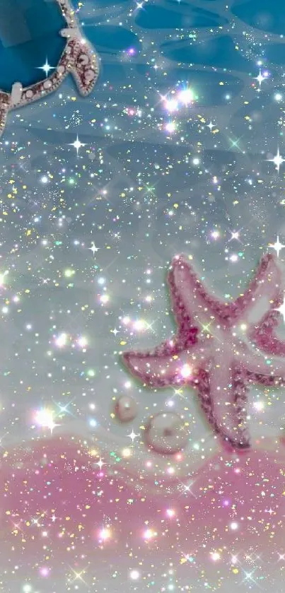 Sparkling ocean wallpaper with starfish and glittering effect.