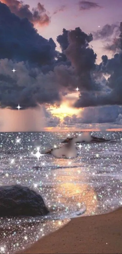 Sparkling ocean at sunset with vibrant clouds and shimmering waves.