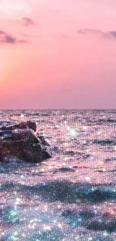 Sparkling ocean with pink sunset and glimmering waves.