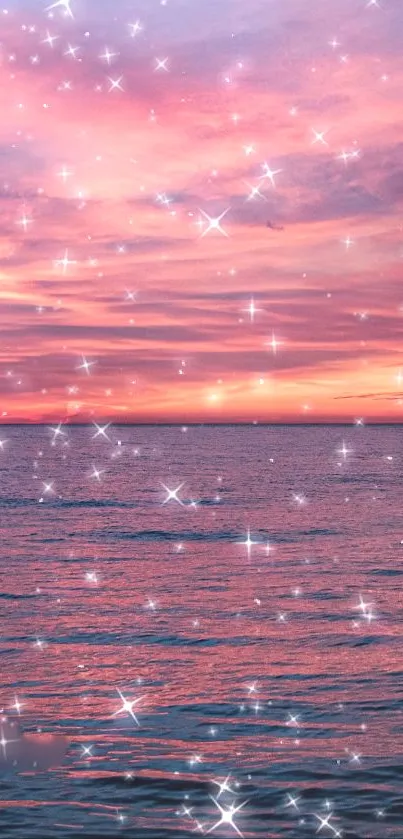 Sparkling ocean sunset with a pink sky and stars.