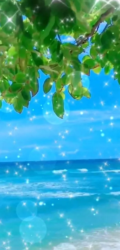 Sparkling ocean view with lush green leaves and shimmering blue water.