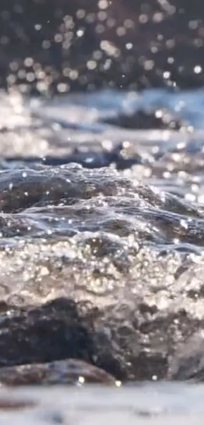 Closeup of a sparkling ocean wave in motion, creating a serene and calming effect.