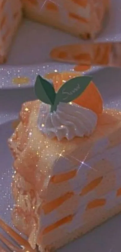 A glittering slice of orange cake with cream topping on a plate.