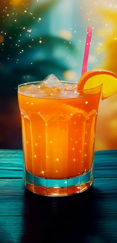 A vibrant orange drink with a straw and slice, surrounded by glowing sparkles.