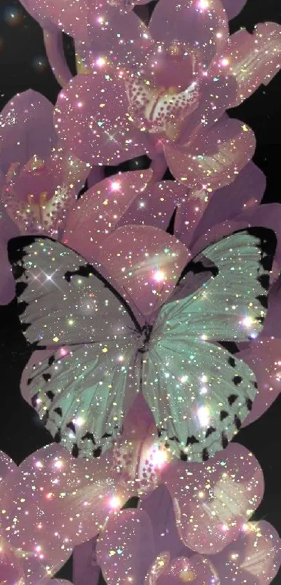 Sparkling butterfly on pink orchids with glitter.