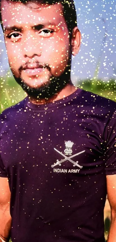 Mobile wallpaper featuring a sparkling portrait in nature with Indian Army attire.