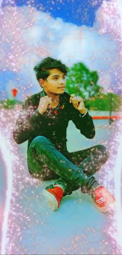 Young person sitting within a sparkling aura outdoors.