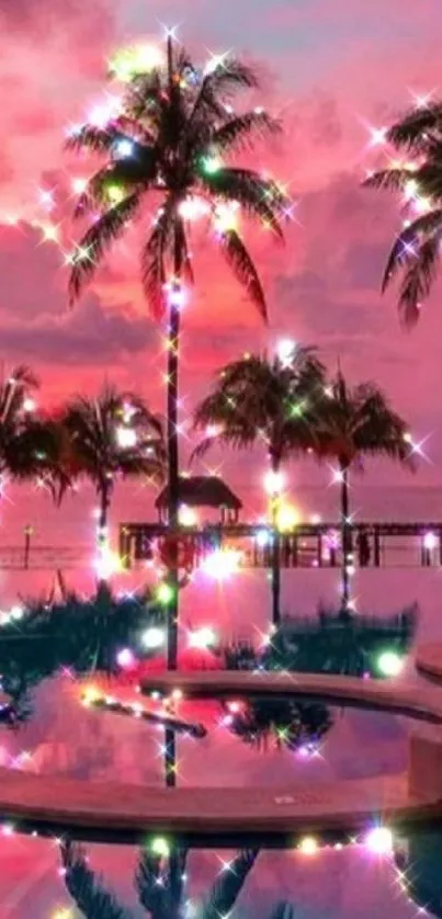 Palm trees sparkle under a vibrant pink sunset over a beach oasis.