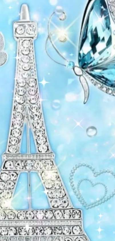 Eiffel Tower with butterflies in a sparkling blue wallpaper.