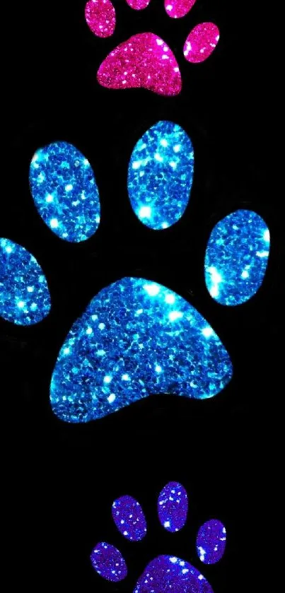 Glittering blue and pink paw prints on black background.