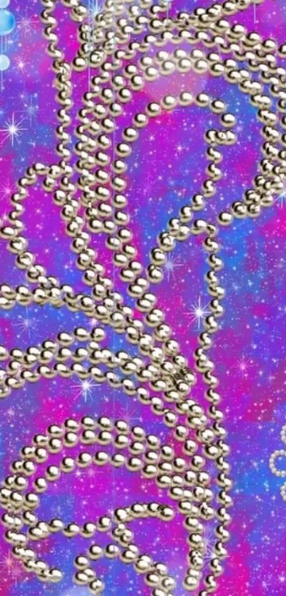 Shiny silver beads on cosmic purple background.