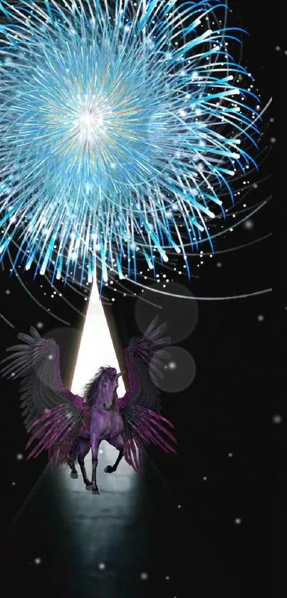 Mystical Pegasus with fireworks in a dark fantasy setting on mobile wallpaper.