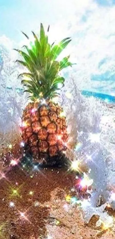 Tropical pineapple on a sparkling beach with waves and bright sky.