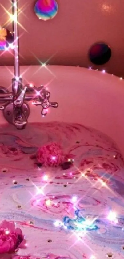 Whimsical pink bathtub with sparkles and floral accents.