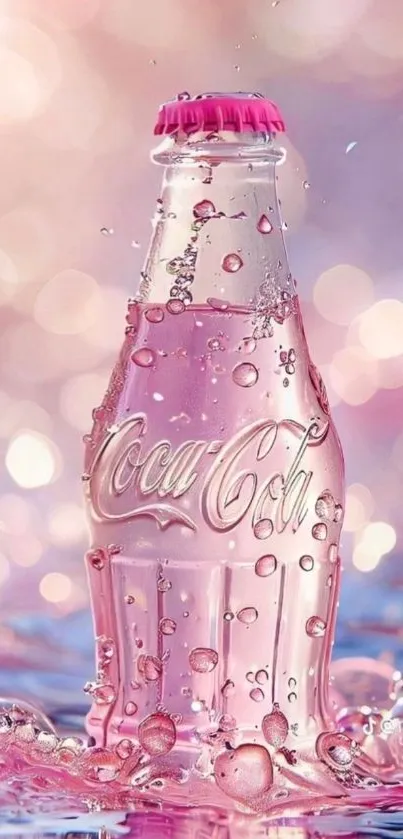 Sparkling pink Coke bottle with bubbles.