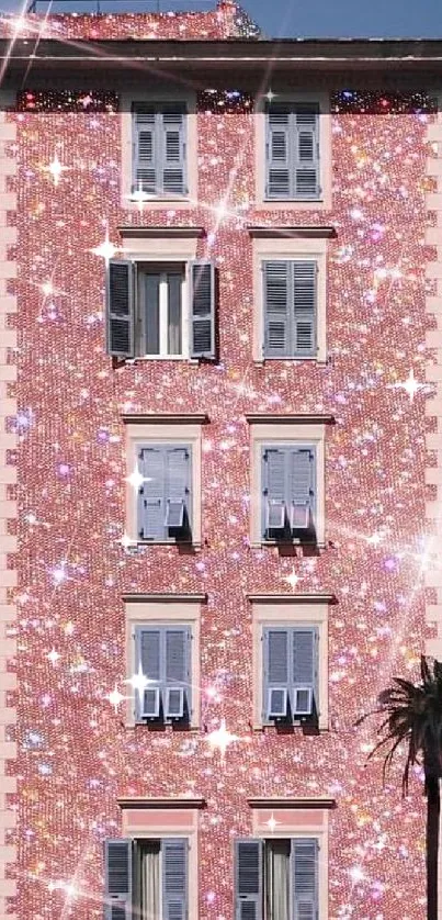 Sparkling pink building with glitter accents against a serene sky backdrop.